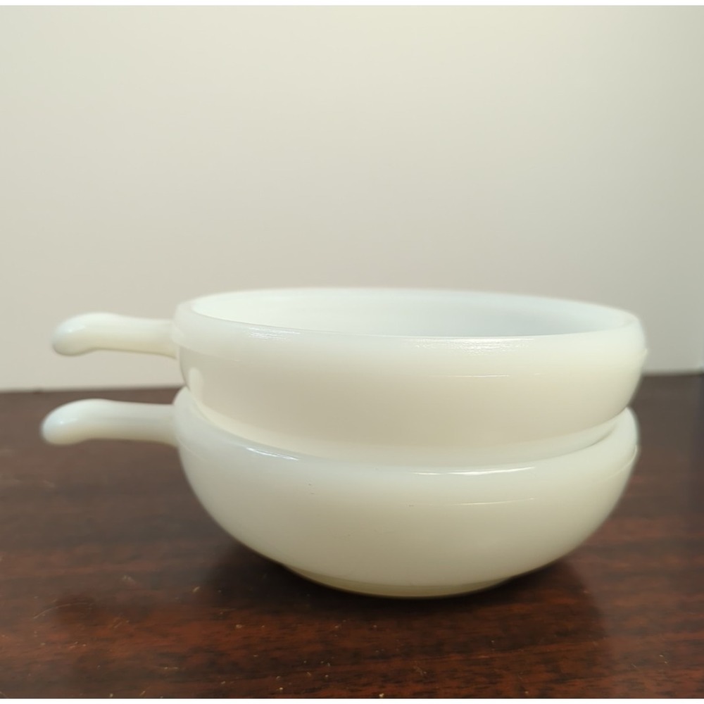 Vintage Glasbake Milk Glass Chili Soup Bowl With Handle Set of 2 White MCM